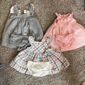 3 Baby Girl Dresses- Carters 3M Plaid, Old Navy 0-3M Gray, Gymboree 0-3M Pink